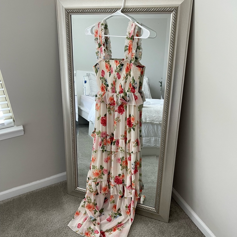 Vici Floral Ruffle Maxi Dress in Cream with Pink & Green Roses